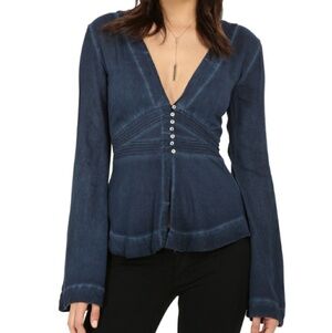 Deep indigo Free People button up bell sleeve top